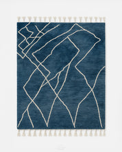 Blue Abstract Moroccan Rug 3 X 5 Ft | 90 X 150 Cm / With Tassels / Short (0.4” / 1 cm)