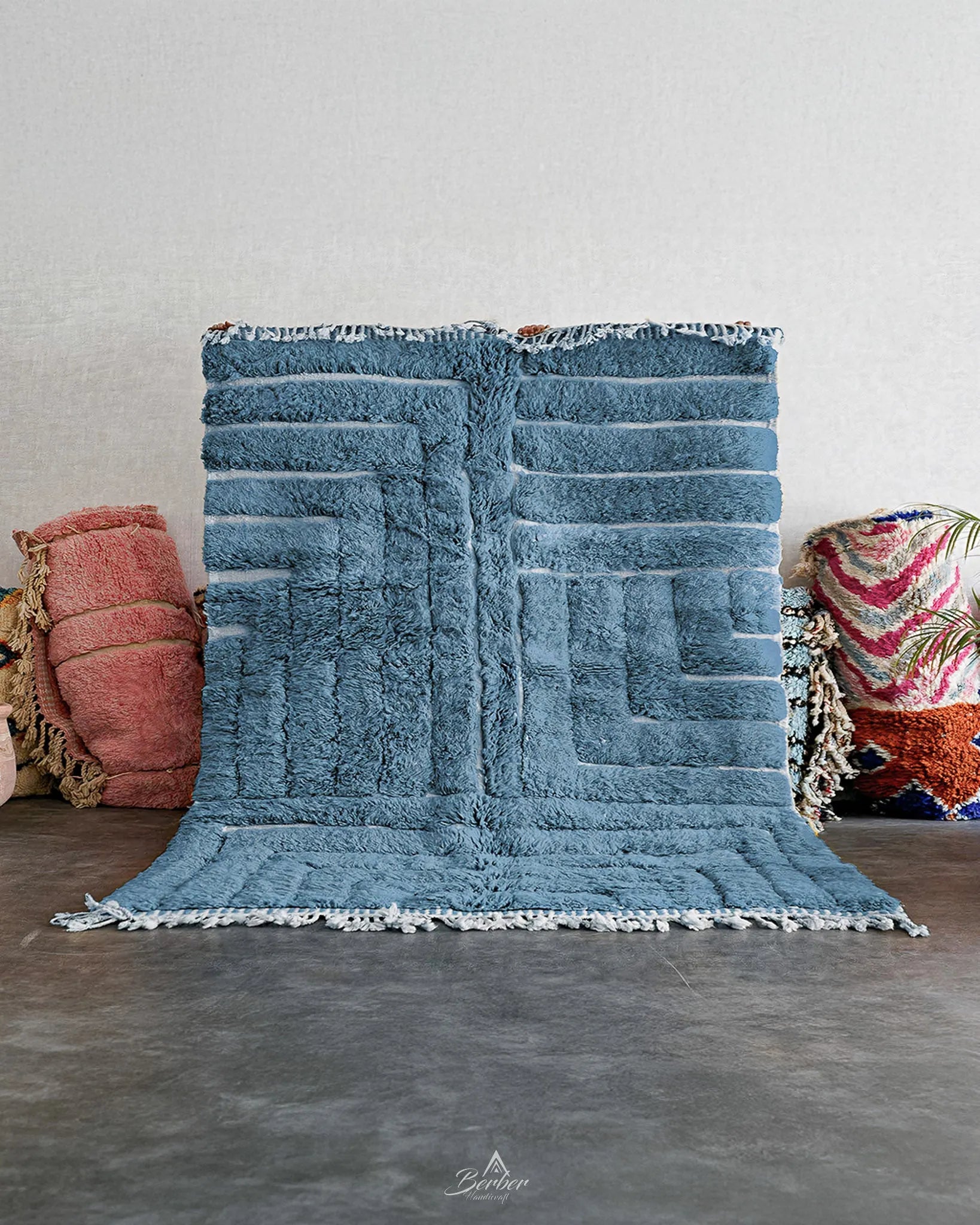 Blue Beni Ourain Carpet 3 X 5 Ft | 90 X 150 Cm / With Tassels / Short (0.4” / 1 cm)