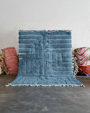 Blue Beni Ourain Carpet 3 X 5 Ft | 90 X 150 Cm / With Tassels / Short (0.4” / 1 cm)