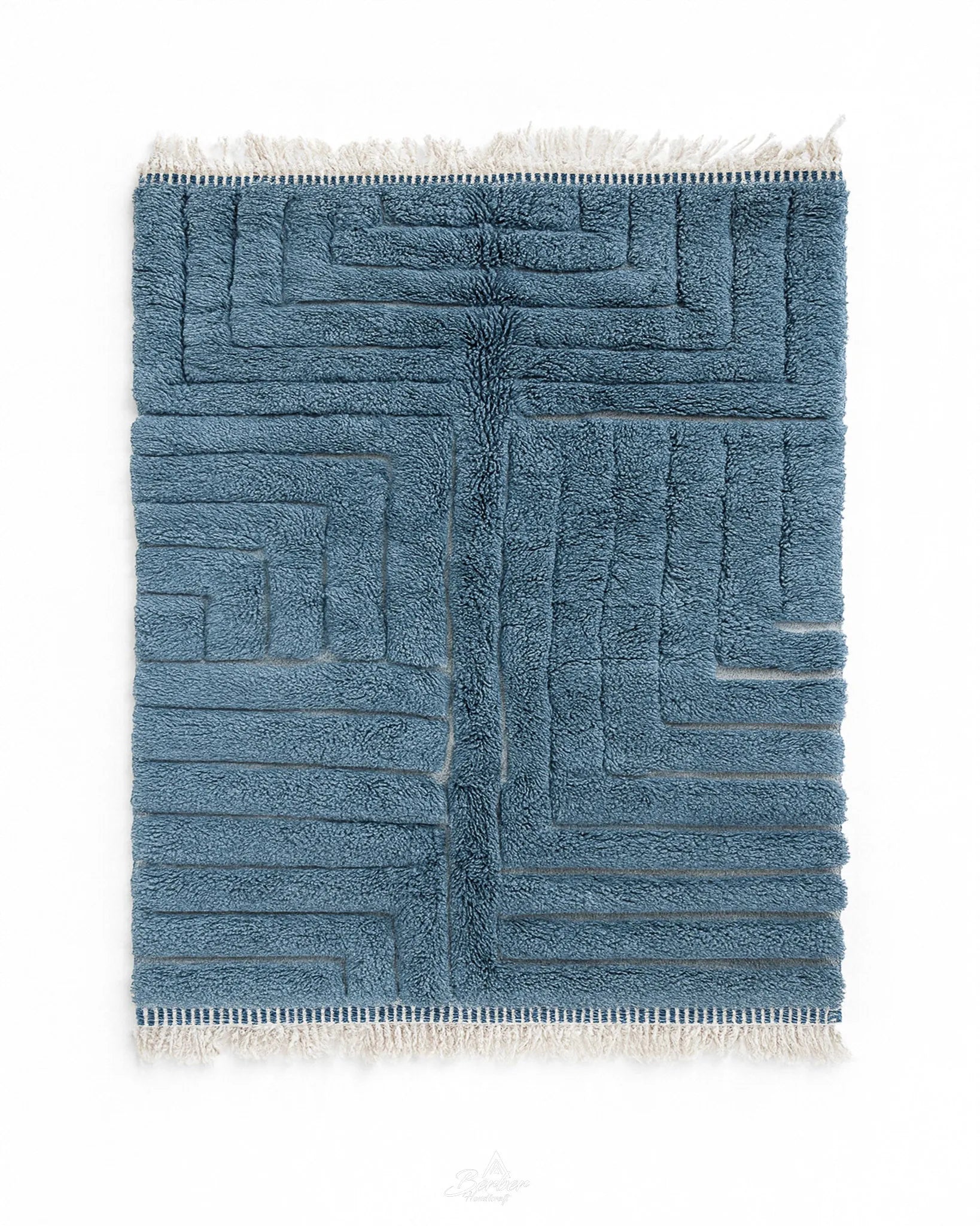 Blue Beni Ourain Carpet 3 X 5 Ft | 90 X 150 Cm / With Tassels / Short (0.4” / 1 cm)