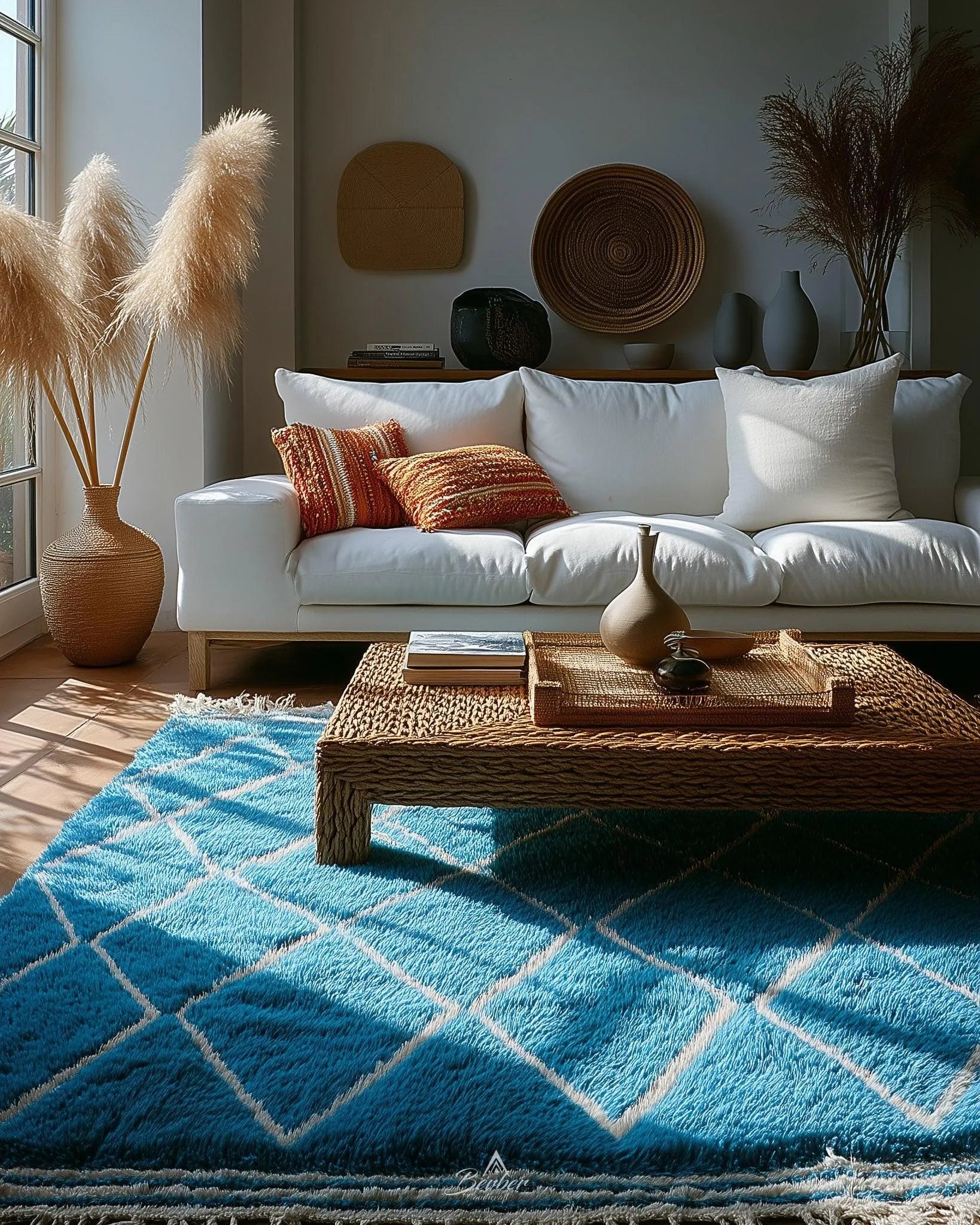 Blue Beni Rug 3 X 5 Ft | 90 X 150 Cm / With Tassels / Short (0.4” / 1 cm)