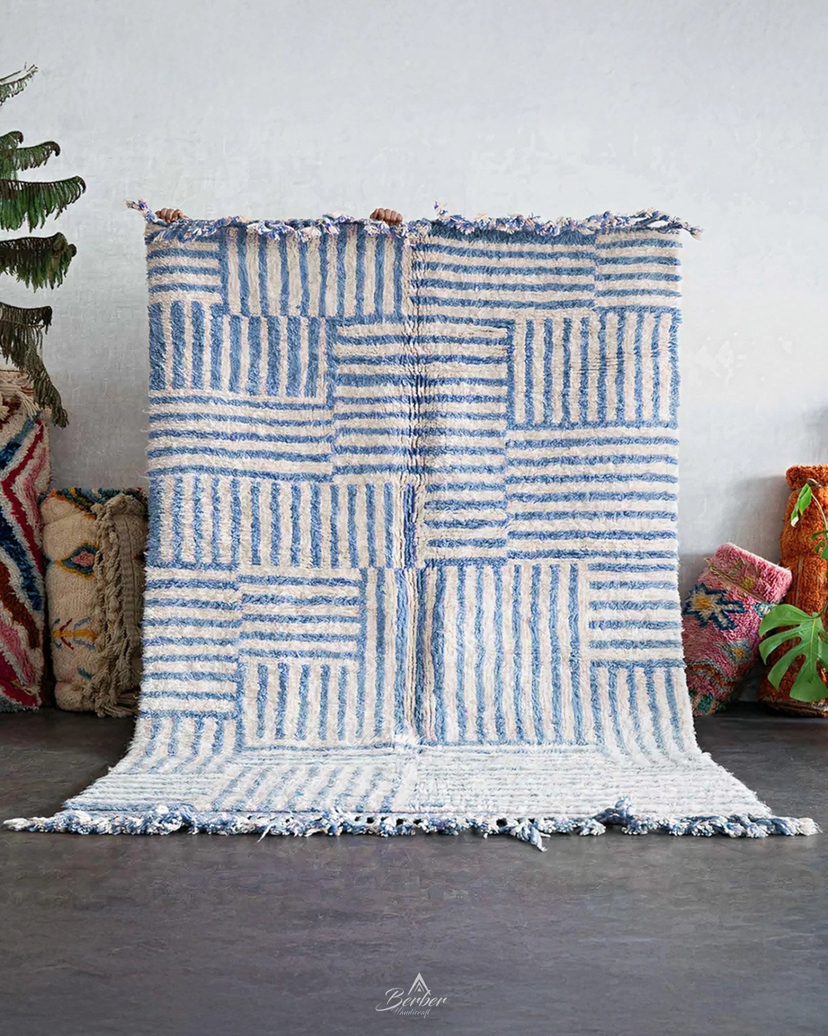 Blue Boho Rug 3 X 5 Ft | 90 X 150 Cm / With Tassels / Short (0.4” / 1 cm)