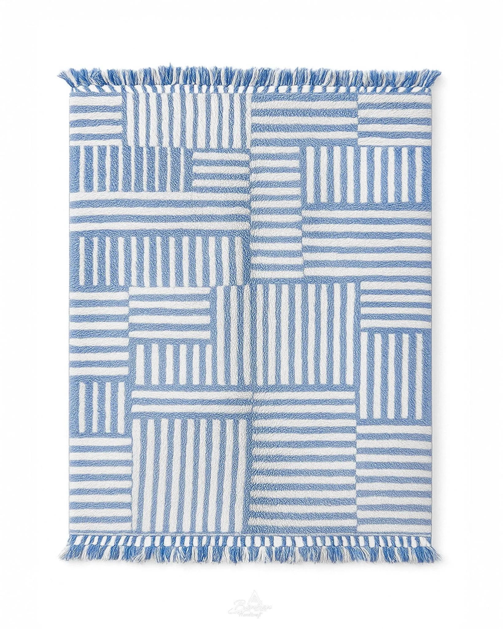 Blue Boho Rug 3 X 5 Ft | 90 X 150 Cm / With Tassels / Short (0.4” / 1 cm)