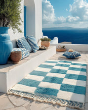 Blue Checkerboard Rug 3 X 5 Ft | 90 X 150 Cm / With Tassels / Short (0.4” / 1 cm)