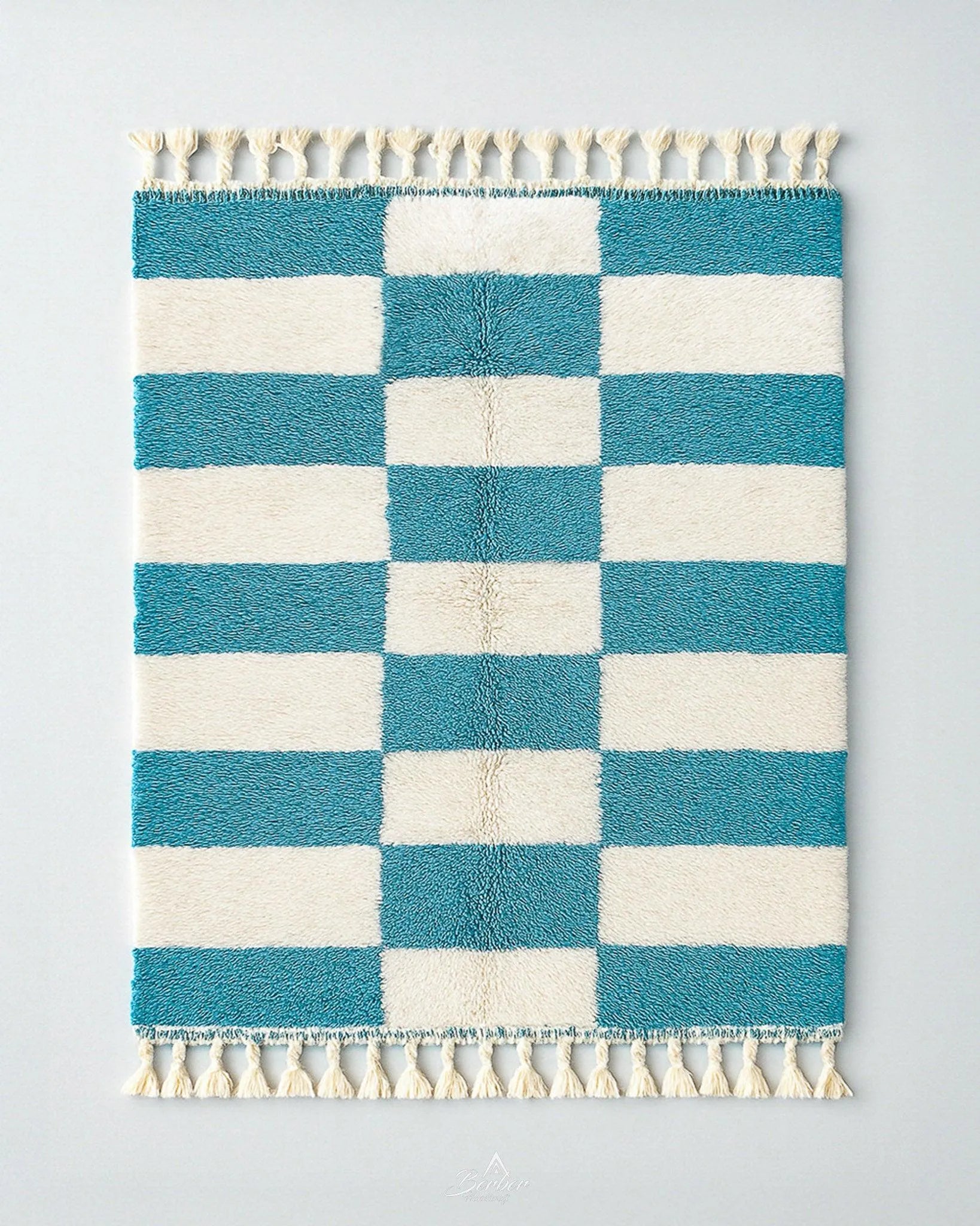 Blue Checkerboard Rug 3 X 5 Ft | 90 X 150 Cm / With Tassels / Short (0.4” / 1 cm)