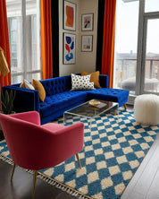 Blue Checkered Moroccan Rug 3 X 5 Ft | 90 X 150 Cm / With Tassels / Short (0.4” / 1 cm)