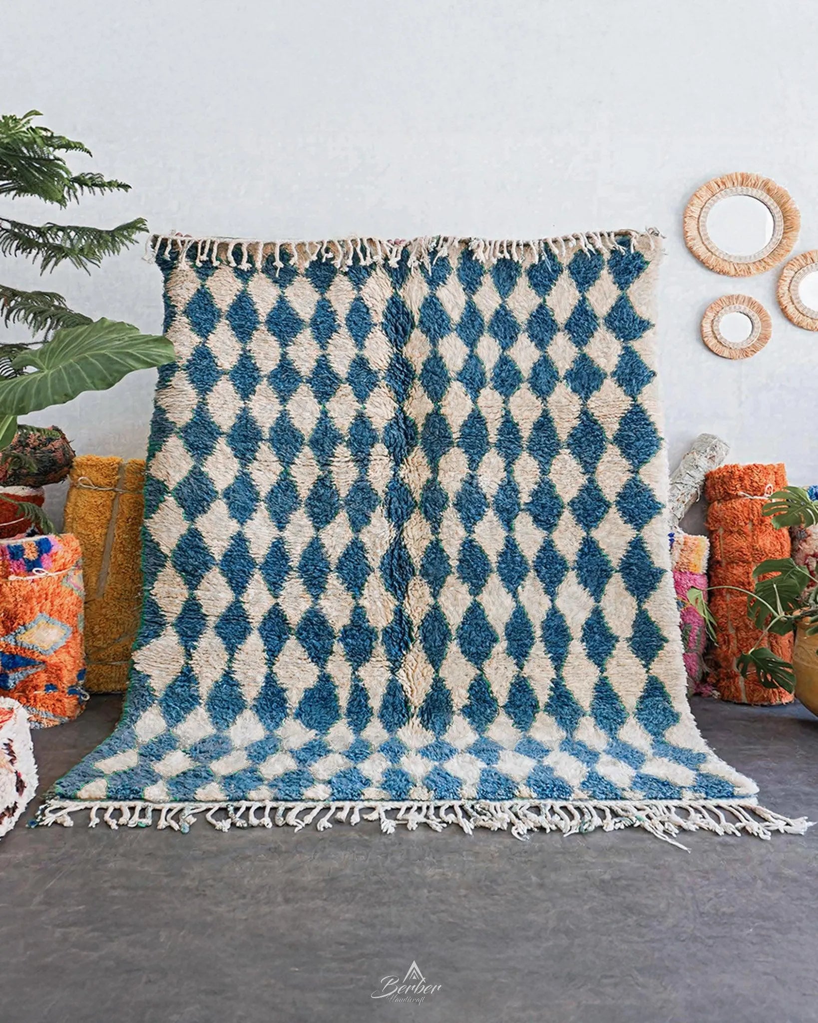 Blue Checkered Moroccan Rug 3 X 5 Ft | 90 X 150 Cm / With Tassels / Short (0.4” / 1 cm)