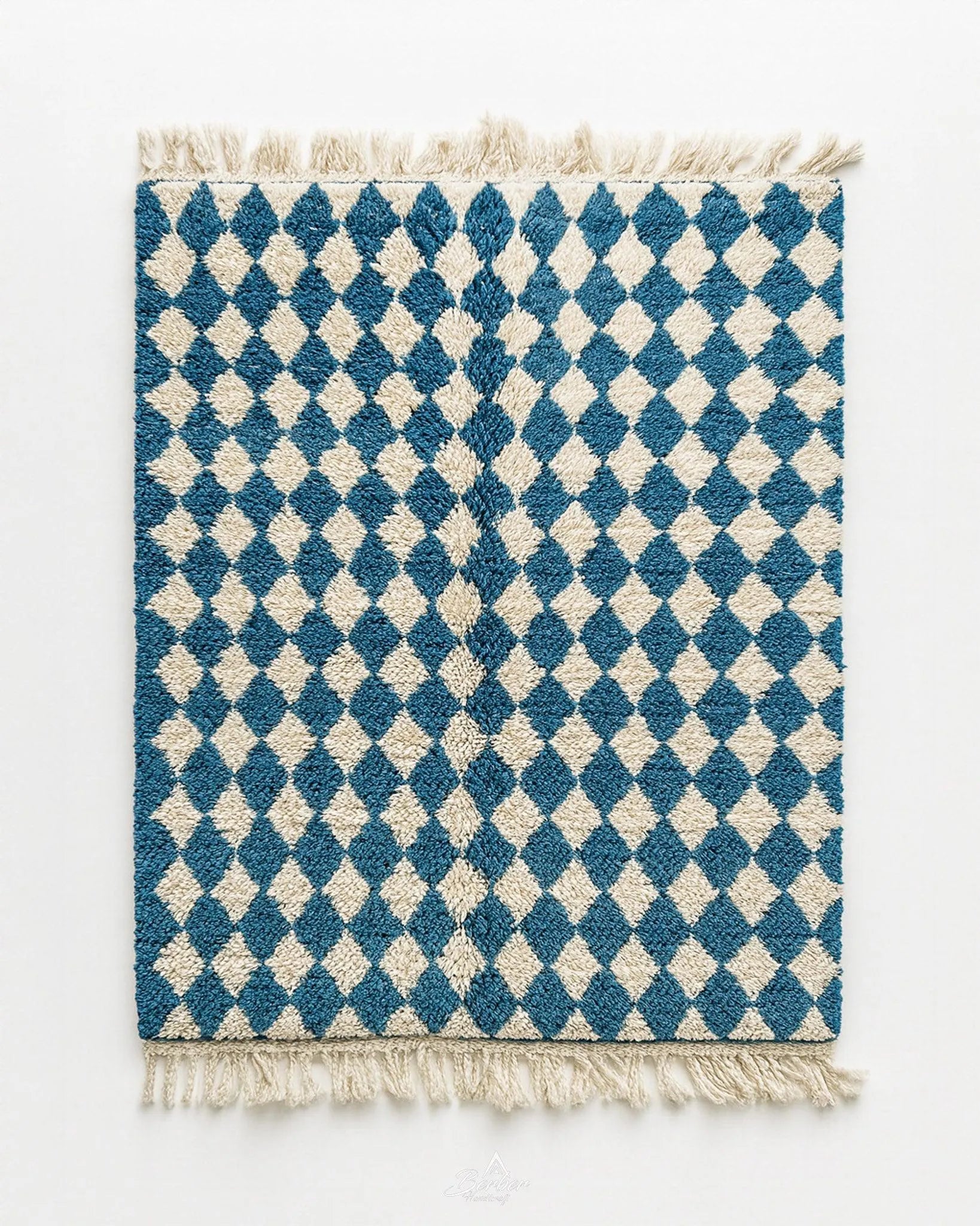 Blue Checkered Moroccan Rug 3 X 5 Ft | 90 X 150 Cm / With Tassels / Short (0.4” / 1 cm)