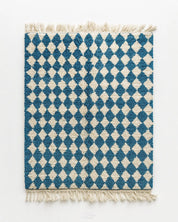 Blue Checkered Moroccan Rug 3 X 5 Ft | 90 X 150 Cm / With Tassels / Short (0.4” / 1 cm)