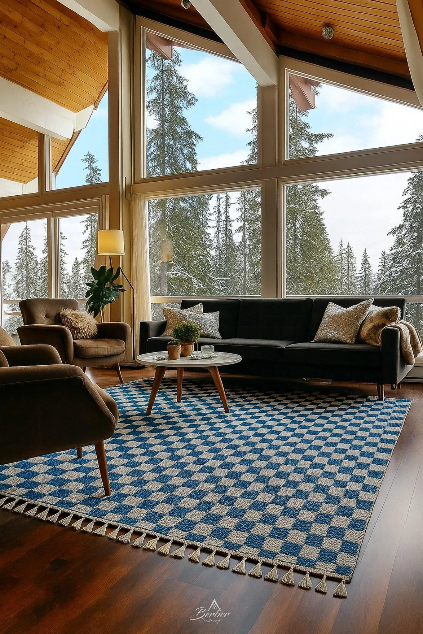 Blue Checkered Rug 3 X 5 Ft | 90 X 150 Cm / With Tassels / Short (0.4” / 1 cm)