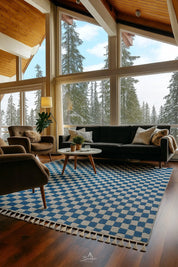 Blue Checkered Rug 3 X 5 Ft | 90 X 150 Cm / With Tassels / Short (0.4” / 1 cm)