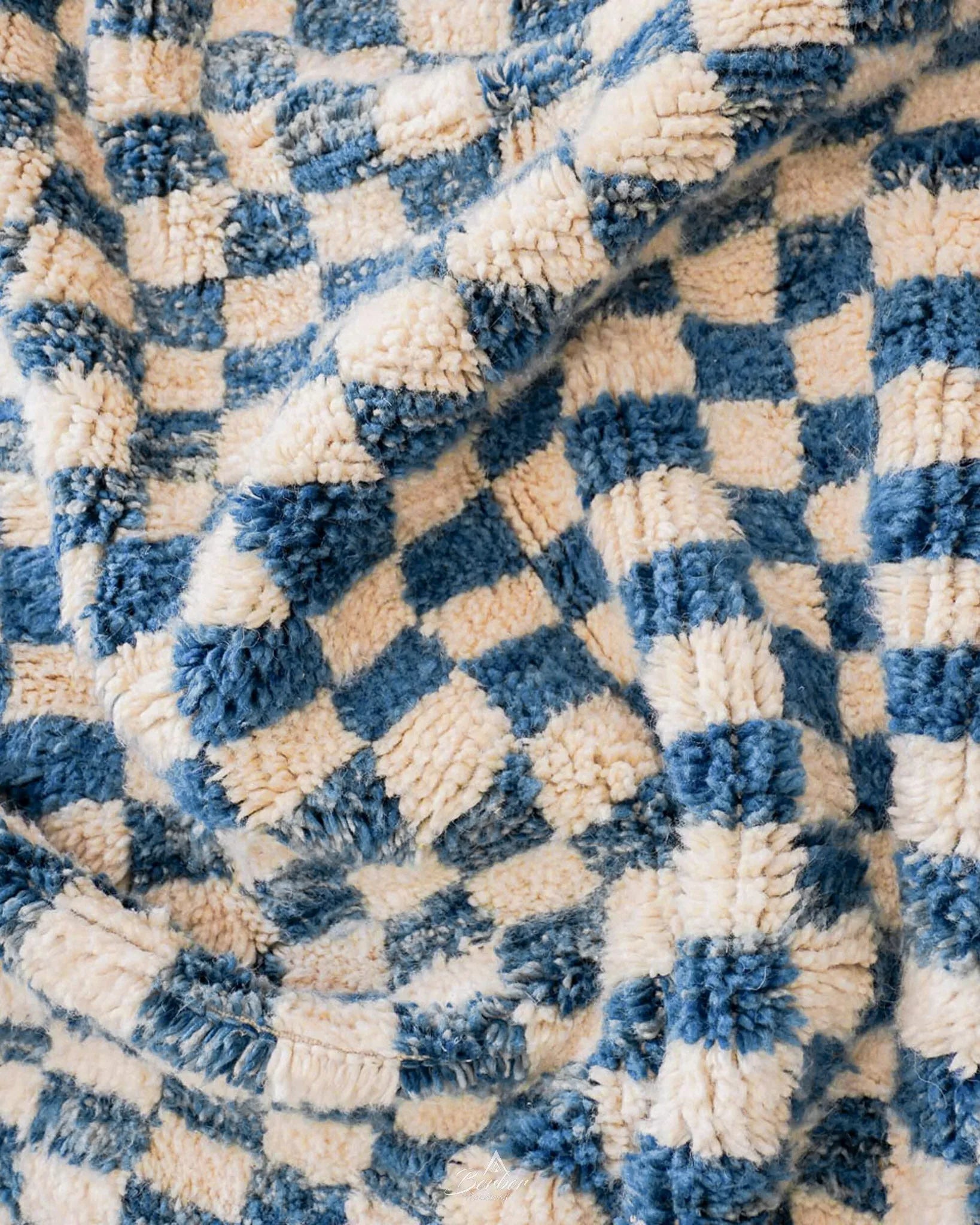 Blue Checkered Rug 3 X 5 Ft | 90 X 150 Cm / With Tassels / Short (0.4” / 1 cm)
