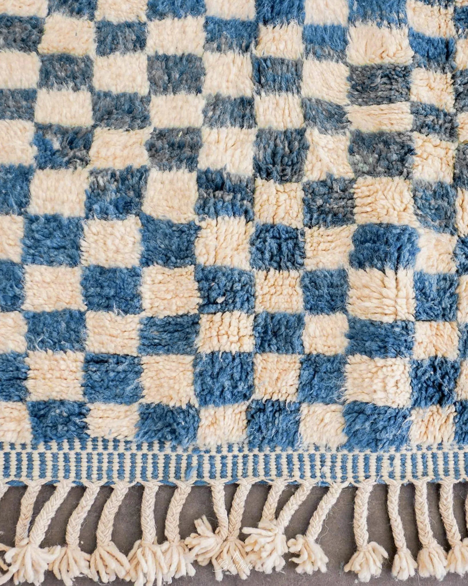 Blue Checkered Rug 3 X 5 Ft | 90 X 150 Cm / With Tassels / Short (0.4” / 1 cm)