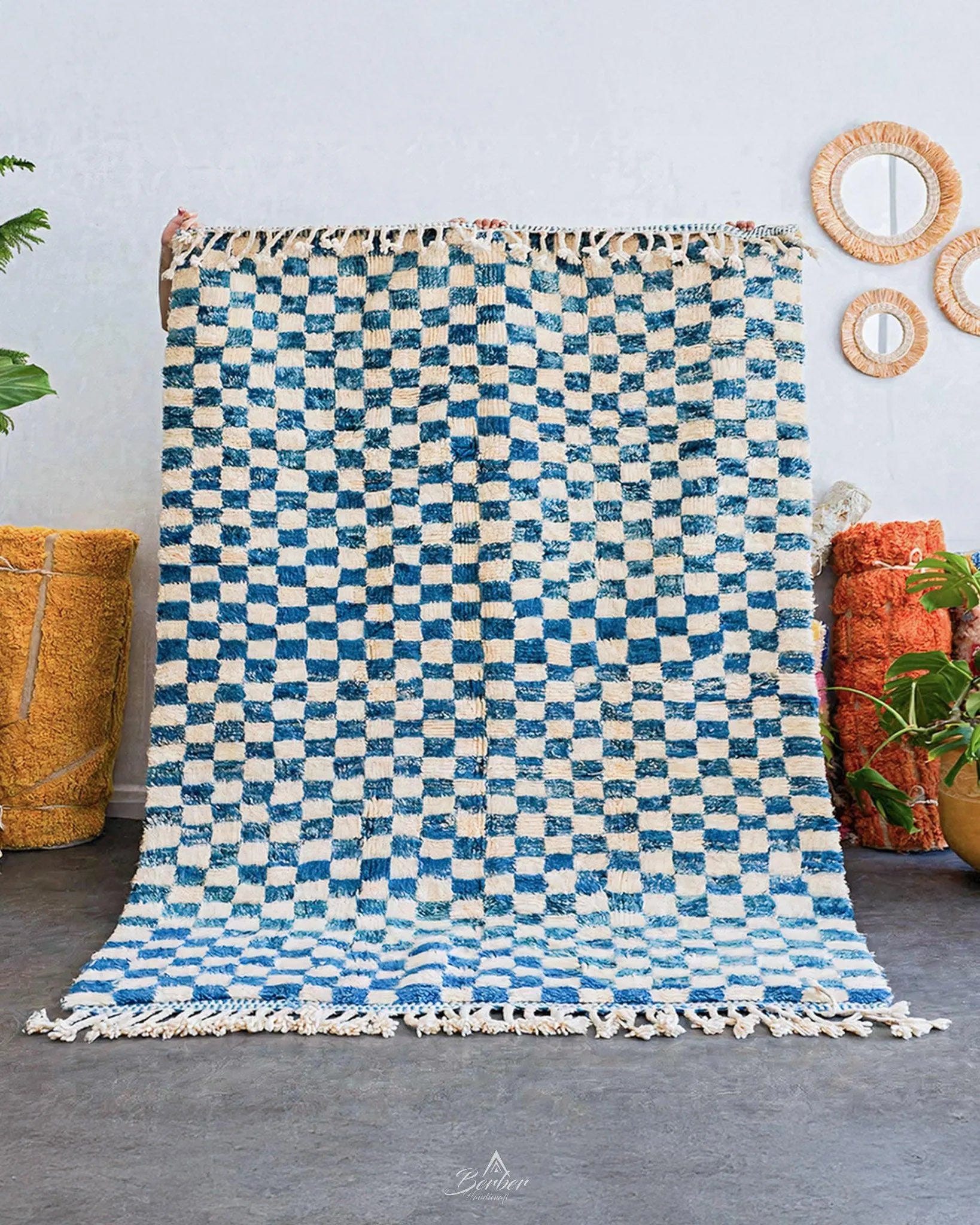 Blue Checkered Rug 3 X 5 Ft | 90 X 150 Cm / With Tassels / Short (0.4” / 1 cm)
