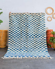 Blue Checkered Rug 3 X 5 Ft | 90 X 150 Cm / With Tassels / Short (0.4” / 1 cm)