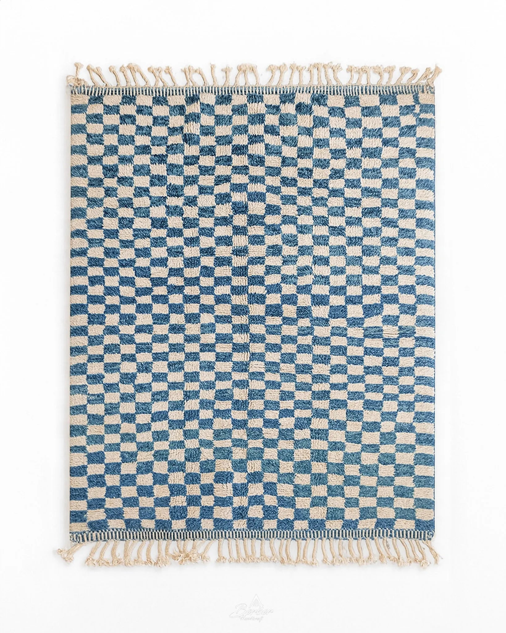 Blue Checkered Rug 3 X 5 Ft | 90 X 150 Cm / With Tassels / Short (0.4” / 1 cm)