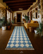 Blue Checkered Runner 2 X 6 Ft | 60 X 180 Cm / With Tassels / Short (0.4” / 1 cm)