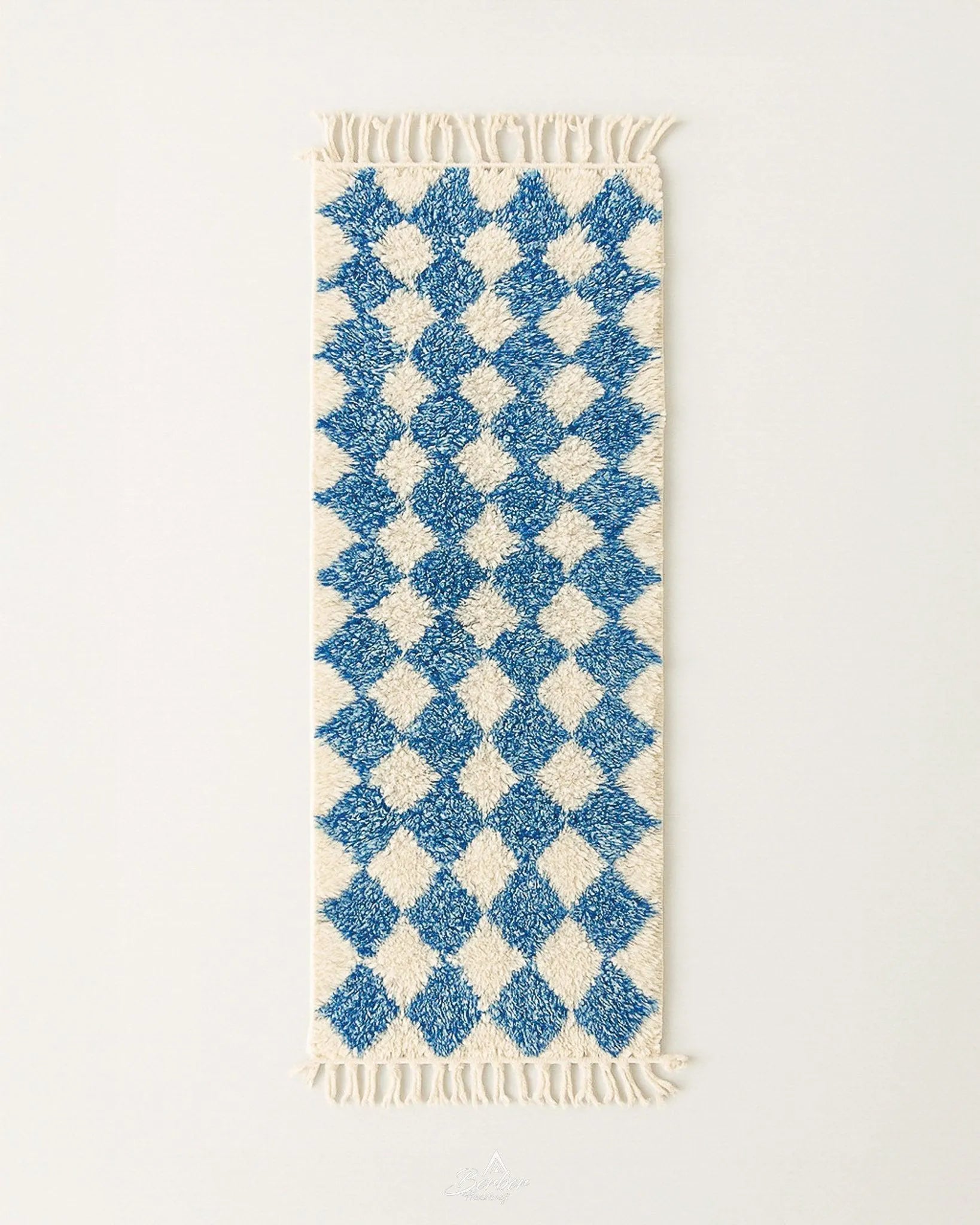 Blue Checkered Runner 2 X 6 Ft | 60 X 180 Cm / With Tassels / Short (0.4” / 1 cm)