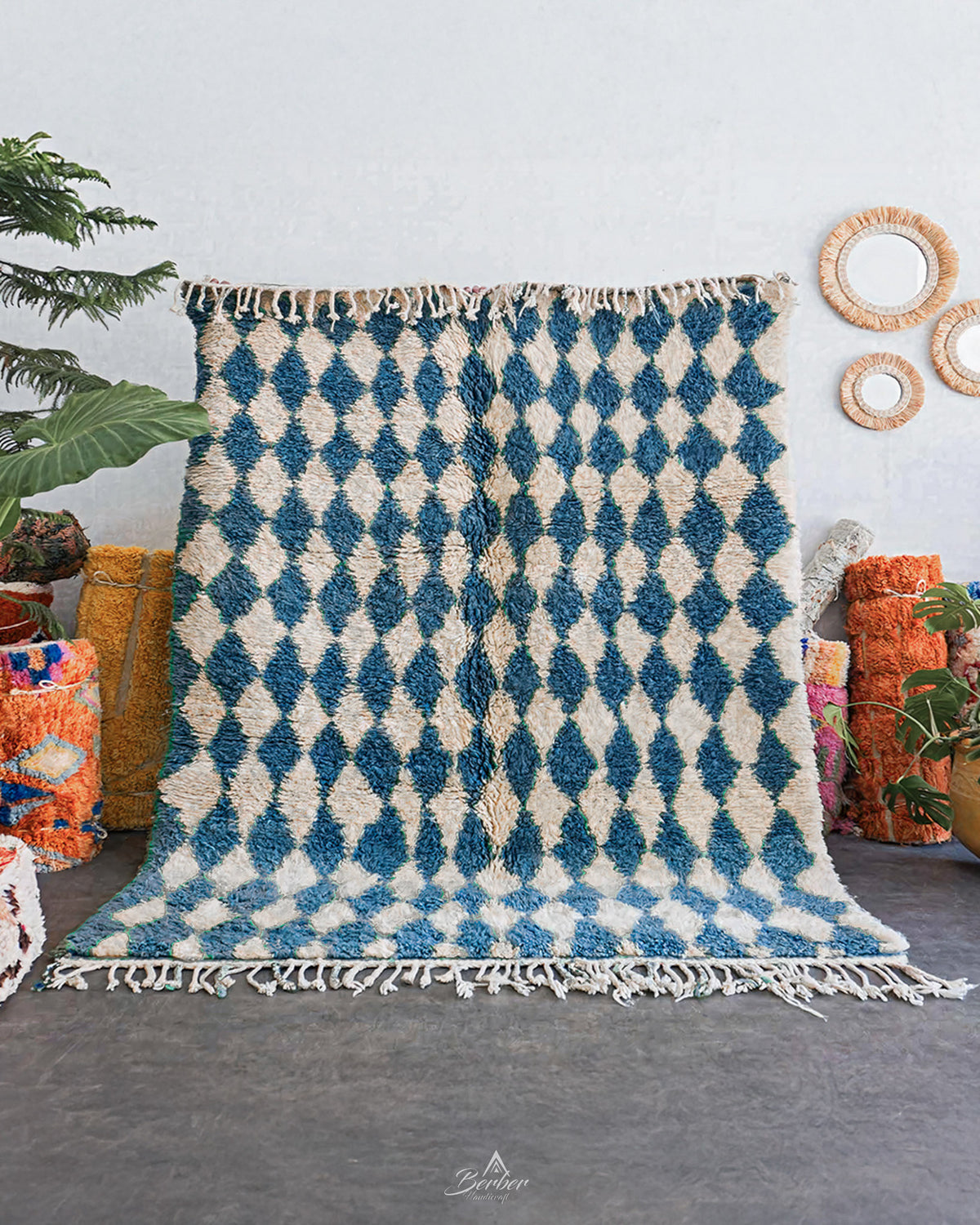 Blue Checkered Moroccan Rug 3 X 5 Ft | 90 X 150 Cm / With Tassels / Short (0.4” / 1 cm)