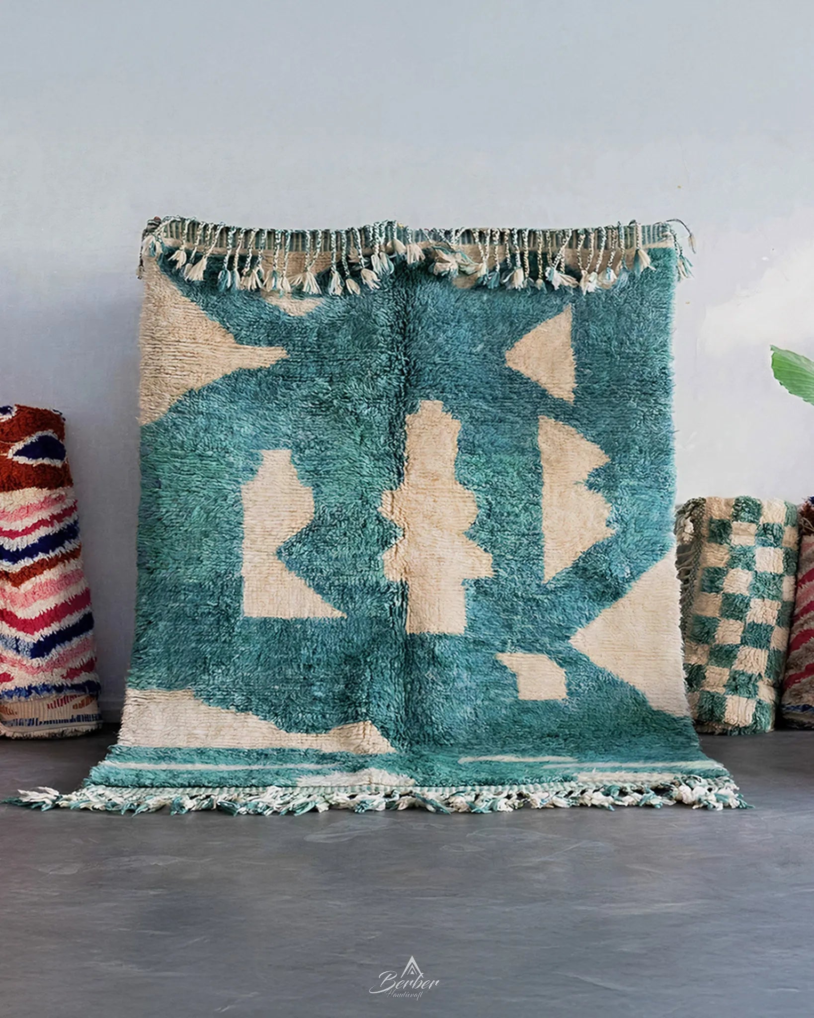 Blue Handmade Rug 3 X 5 Ft | 90 X 150 Cm / With Tassels / Short (0.4” / 1 cm)