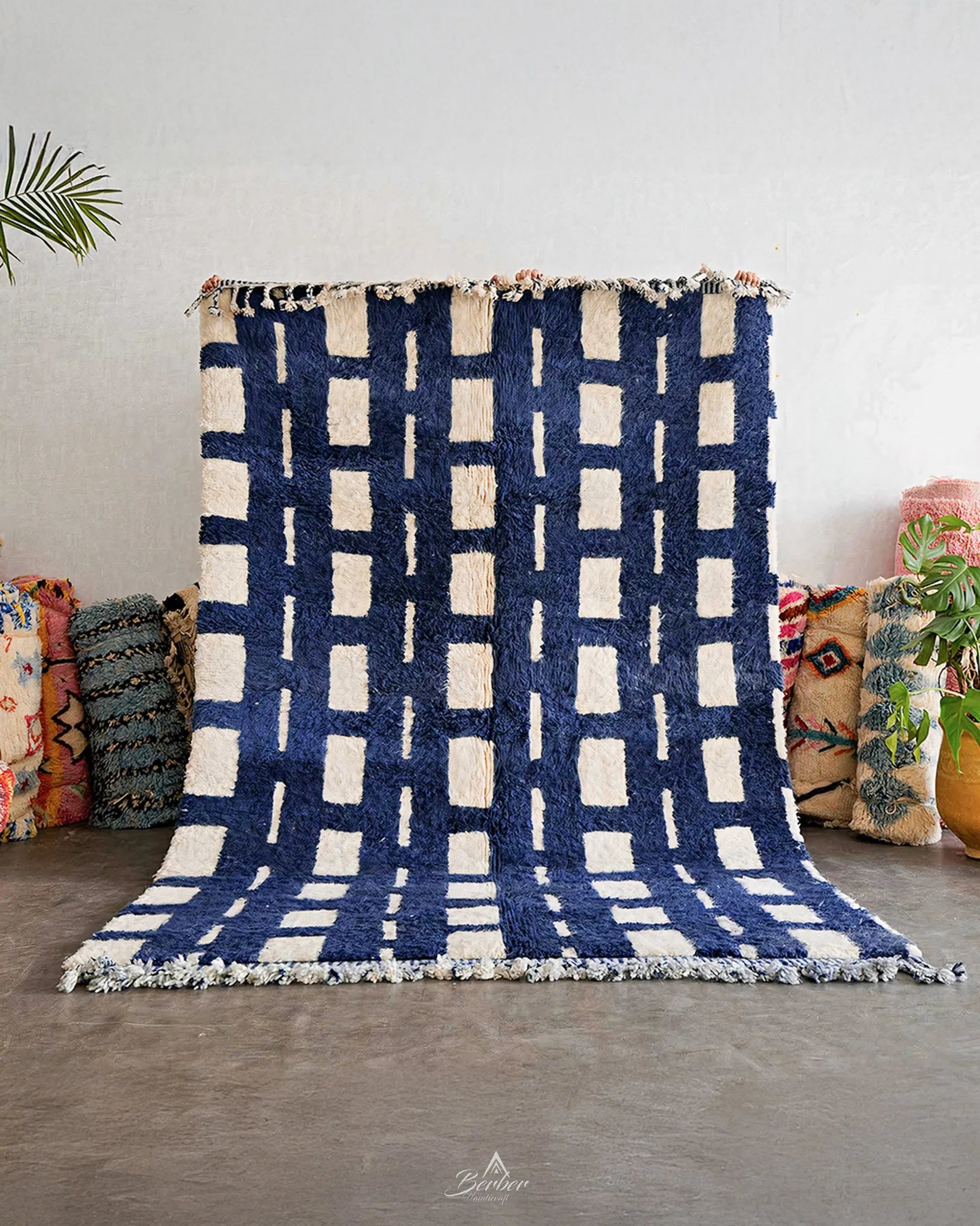 Blue Handwoven Rug 3 X 5 Ft | 90 X 150 Cm / With Tassels / Short (0.4” / 1 cm)