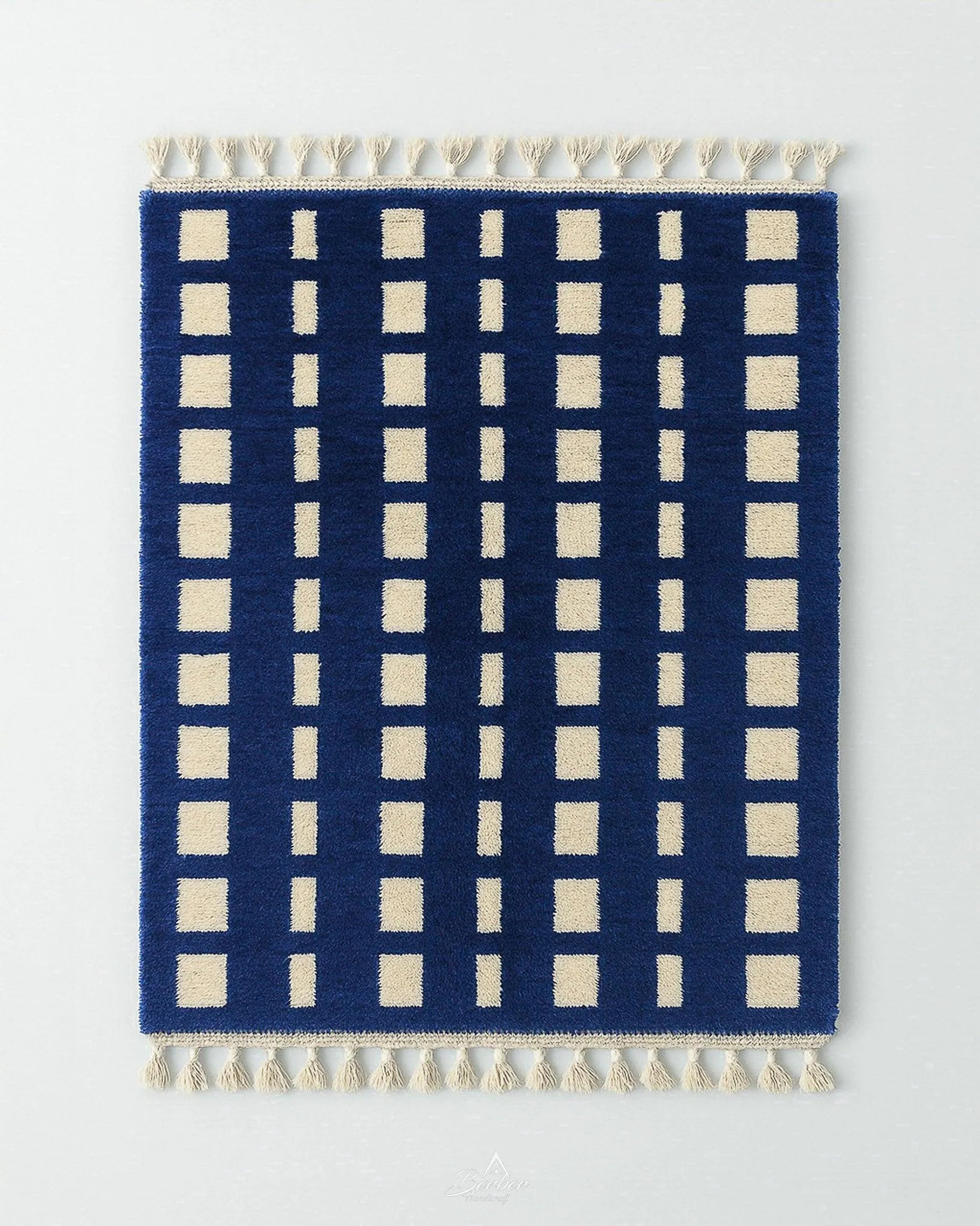 Blue Handwoven Rug 3 X 5 Ft | 90 X 150 Cm / With Tassels / Short (0.4” / 1 cm)