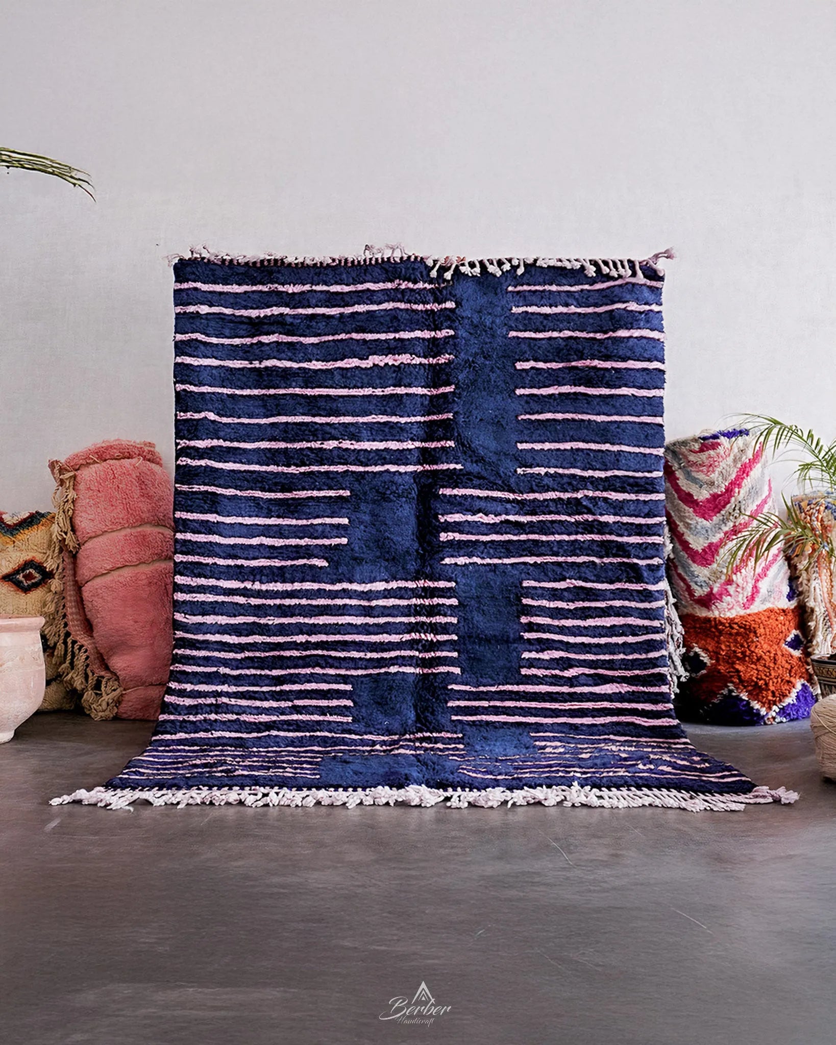 Blue Pink Berber Rug 3 X 5 Ft | 90 X 150 Cm / With Tassels / Short (0.4” / 1 cm)