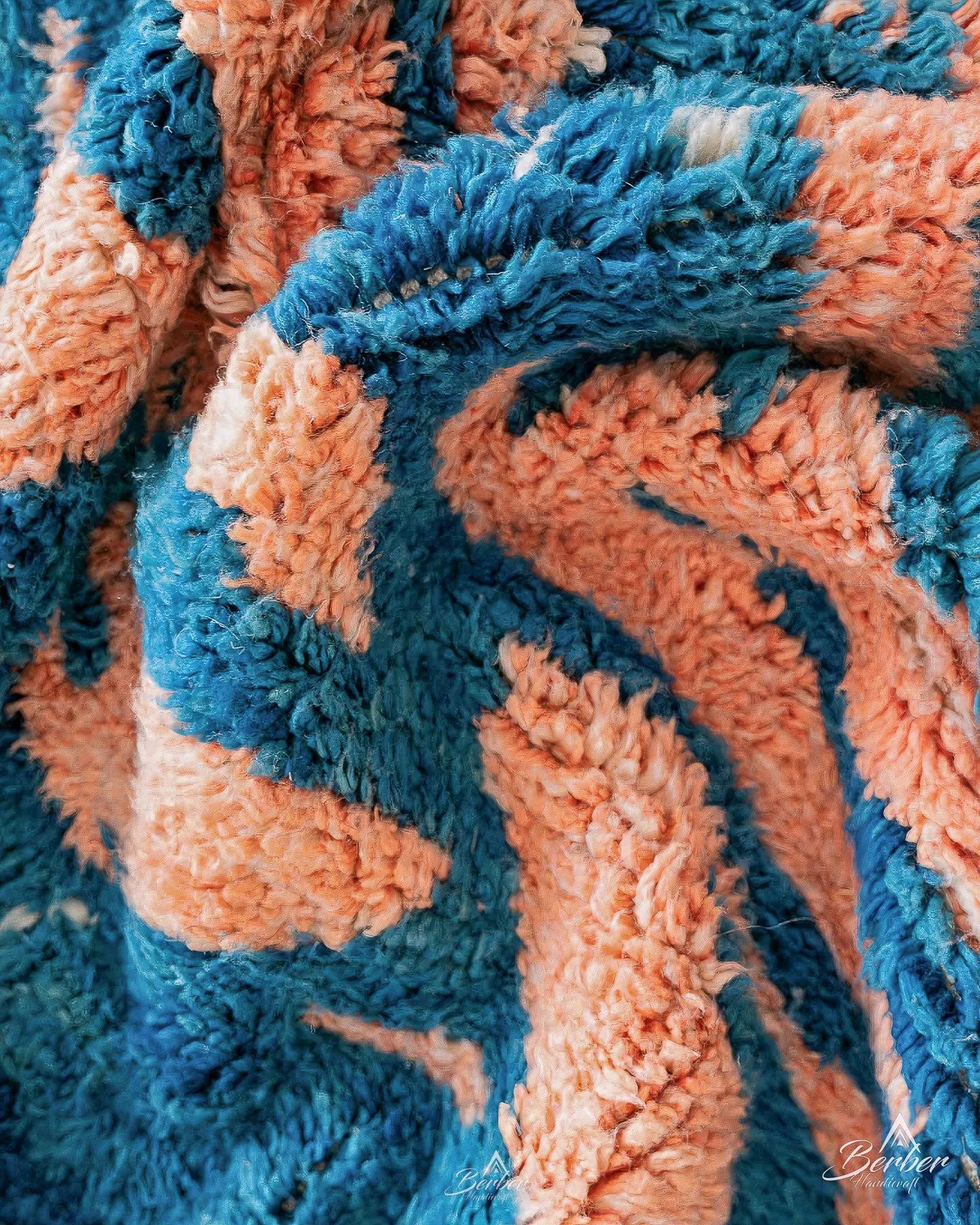 Blue Pink Moroccan Rug 3 X 5 Ft | 90 X 150 Cm / With Tassels / Short (0.4” / 1 cm)