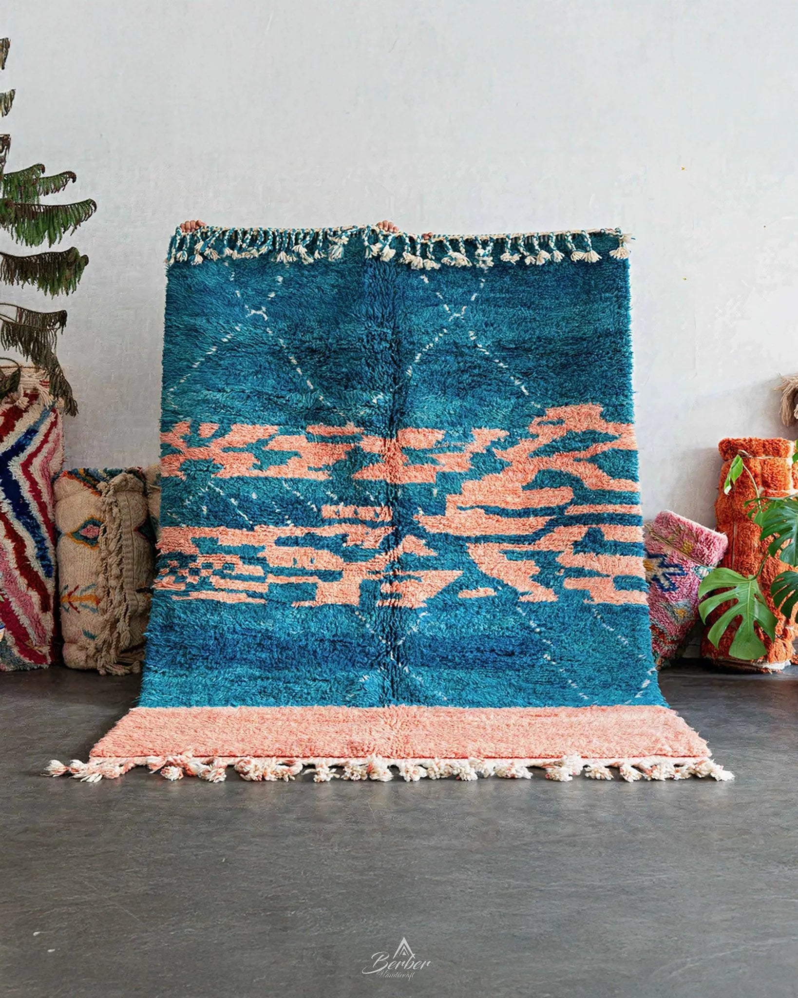 Blue Pink Moroccan Rug 3 X 5 Ft | 90 X 150 Cm / With Tassels / Short (0.4” / 1 cm)