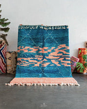 Blue Pink Moroccan Rug 3 X 5 Ft | 90 X 150 Cm / With Tassels / Short (0.4” / 1 cm)