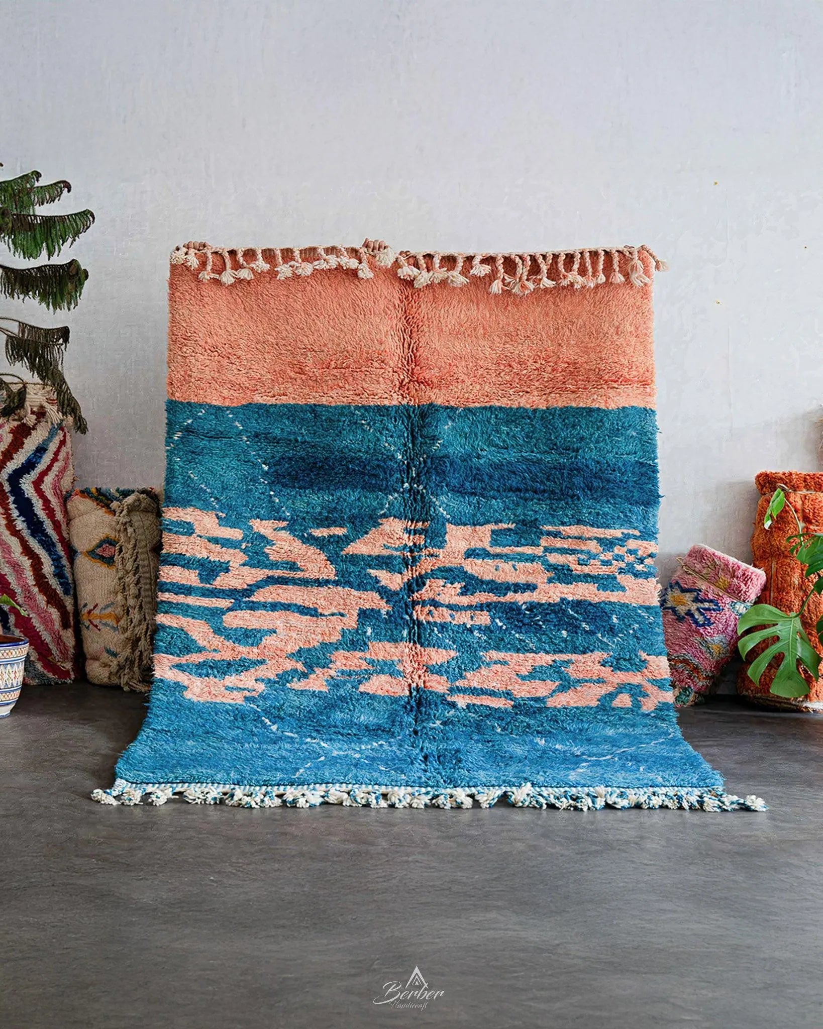 Blue Pink Moroccan Rug 3 X 5 Ft | 90 X 150 Cm / With Tassels / Short (0.4” / 1 cm)