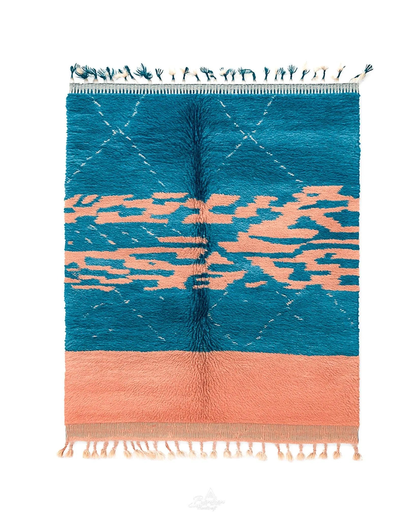 Blue Pink Moroccan Rug 3 X 5 Ft | 90 X 150 Cm / With Tassels / Short (0.4” / 1 cm)