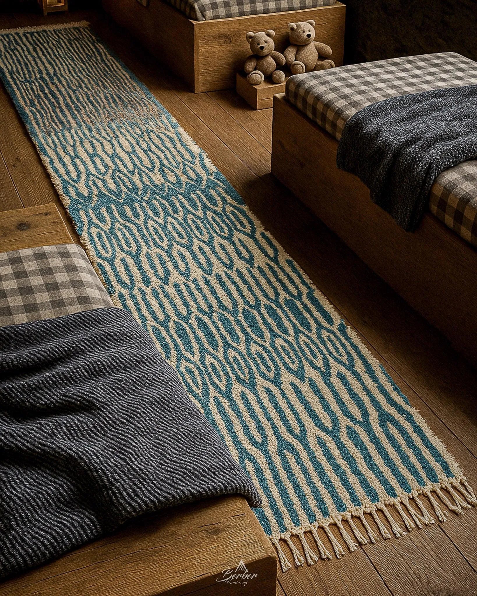 Blue Striped Runner Rug 3 X 5 Ft | 90 X 150 Cm / With Tassels / Short (0.4” / 1 cm)