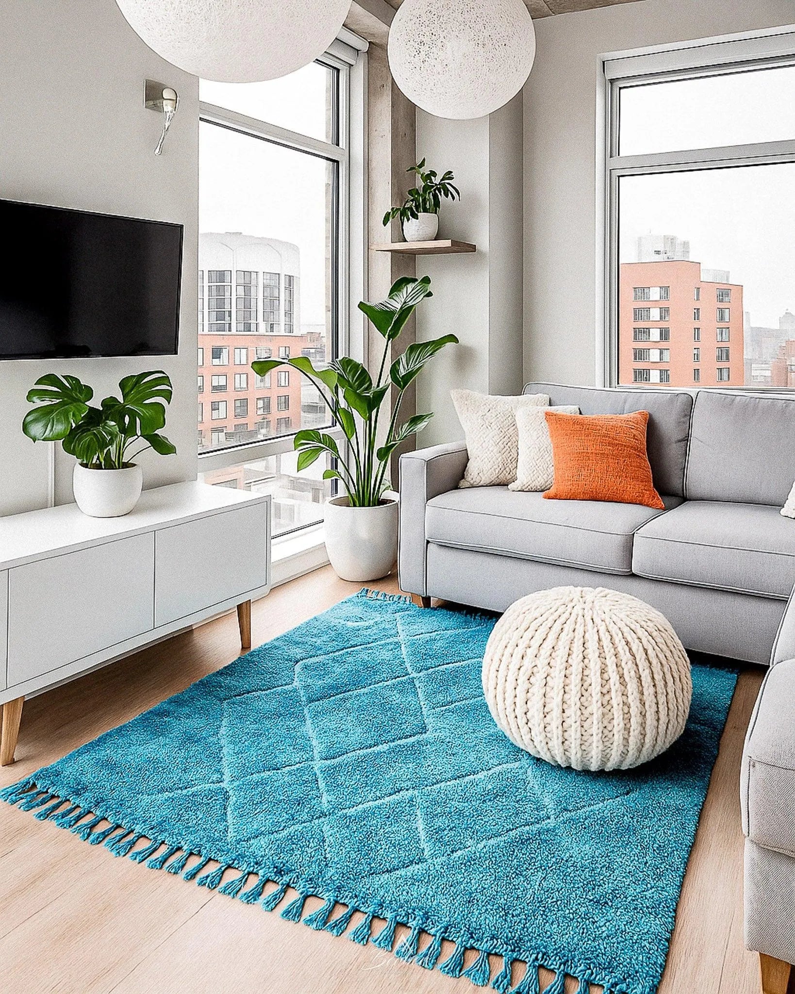 Blue Trellis Rug 3 X 5 Ft | 90 X 150 Cm / With Tassels / Short (0.4” / 1 cm)