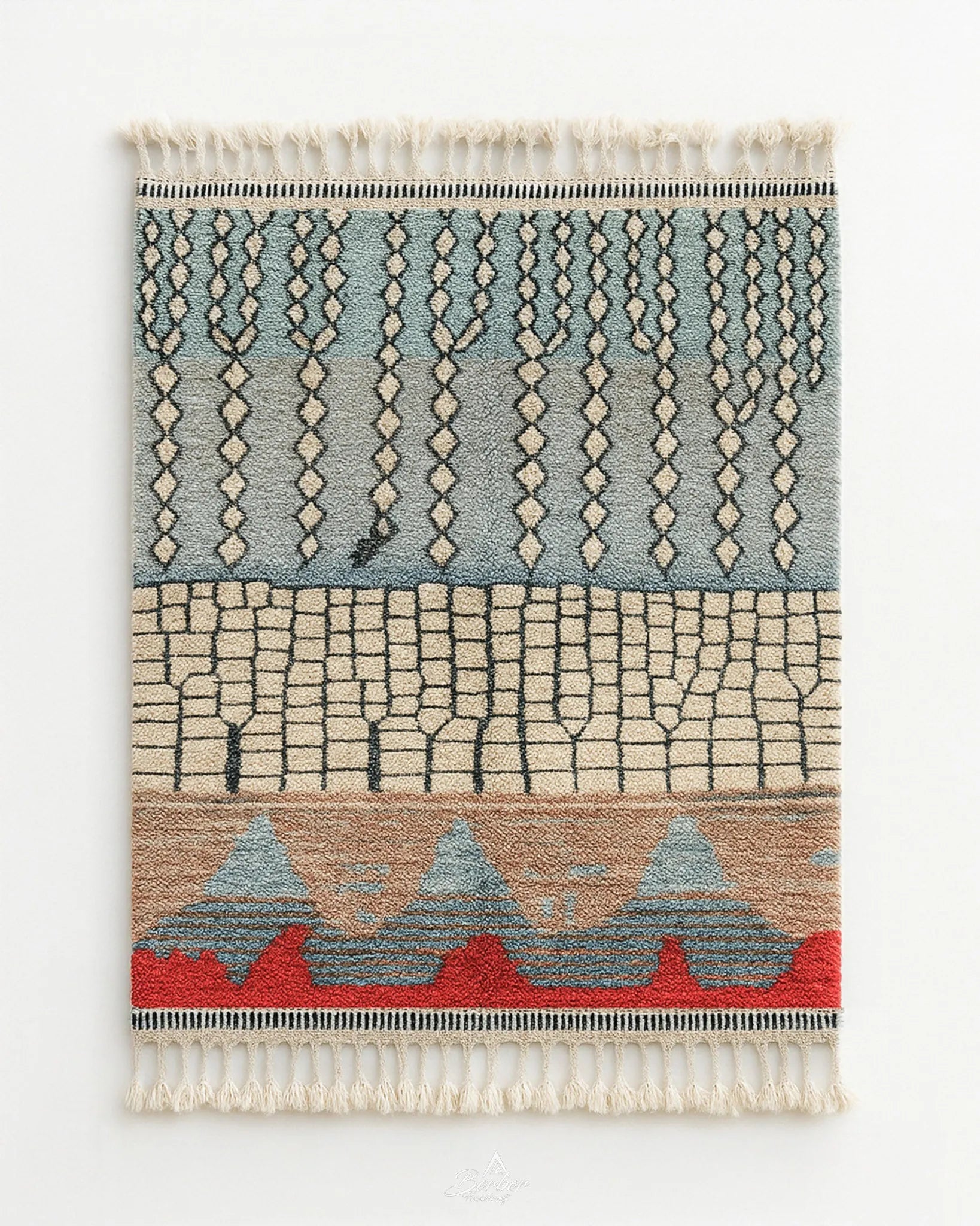 Blue Tribal Rug 3 X 5 Ft | 90 X 150 Cm / With Tassels / Short (0.4” / 1 cm)