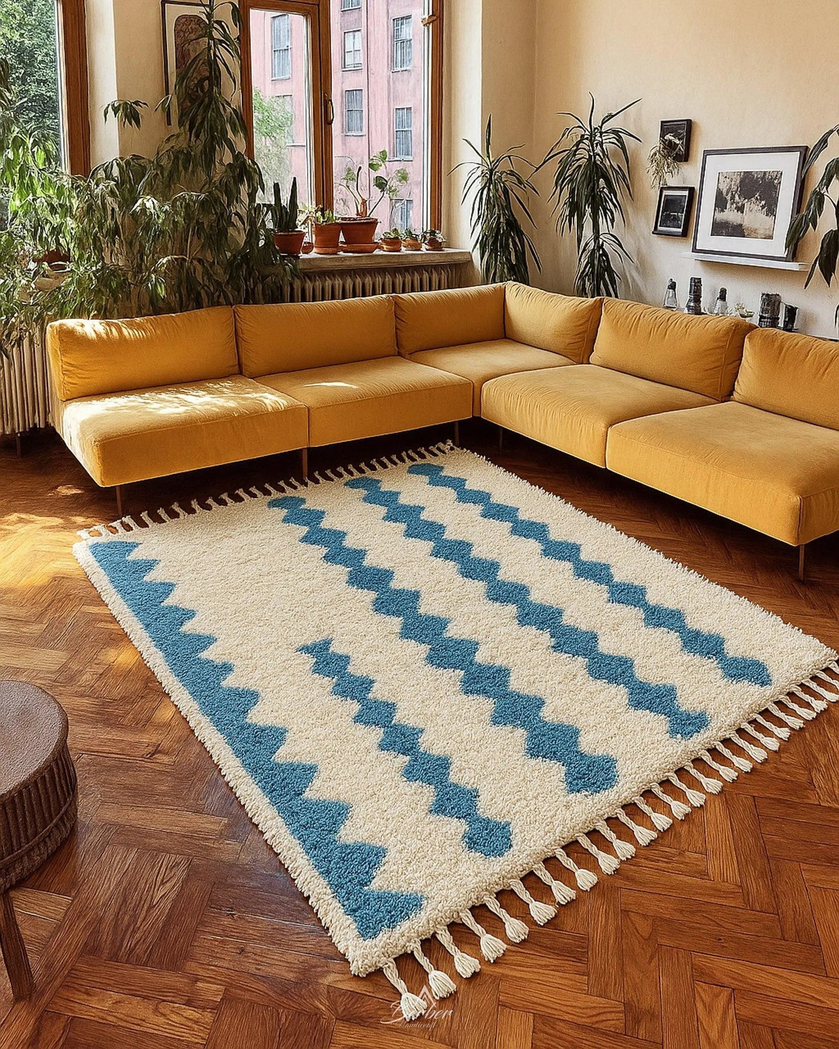 Blue White Azilal Rug 3 X 5 Ft | 90 X 150 Cm / With Tassels / Short (0.4” / 1 cm)