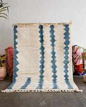 Blue White Azilal Rug 3 X 5 Ft | 90 X 150 Cm / With Tassels / Short (0.4” / 1 cm)