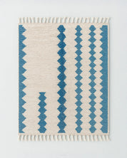 Blue White Azilal Rug 3 X 5 Ft | 90 X 150 Cm / With Tassels / Short (0.4” / 1 cm)