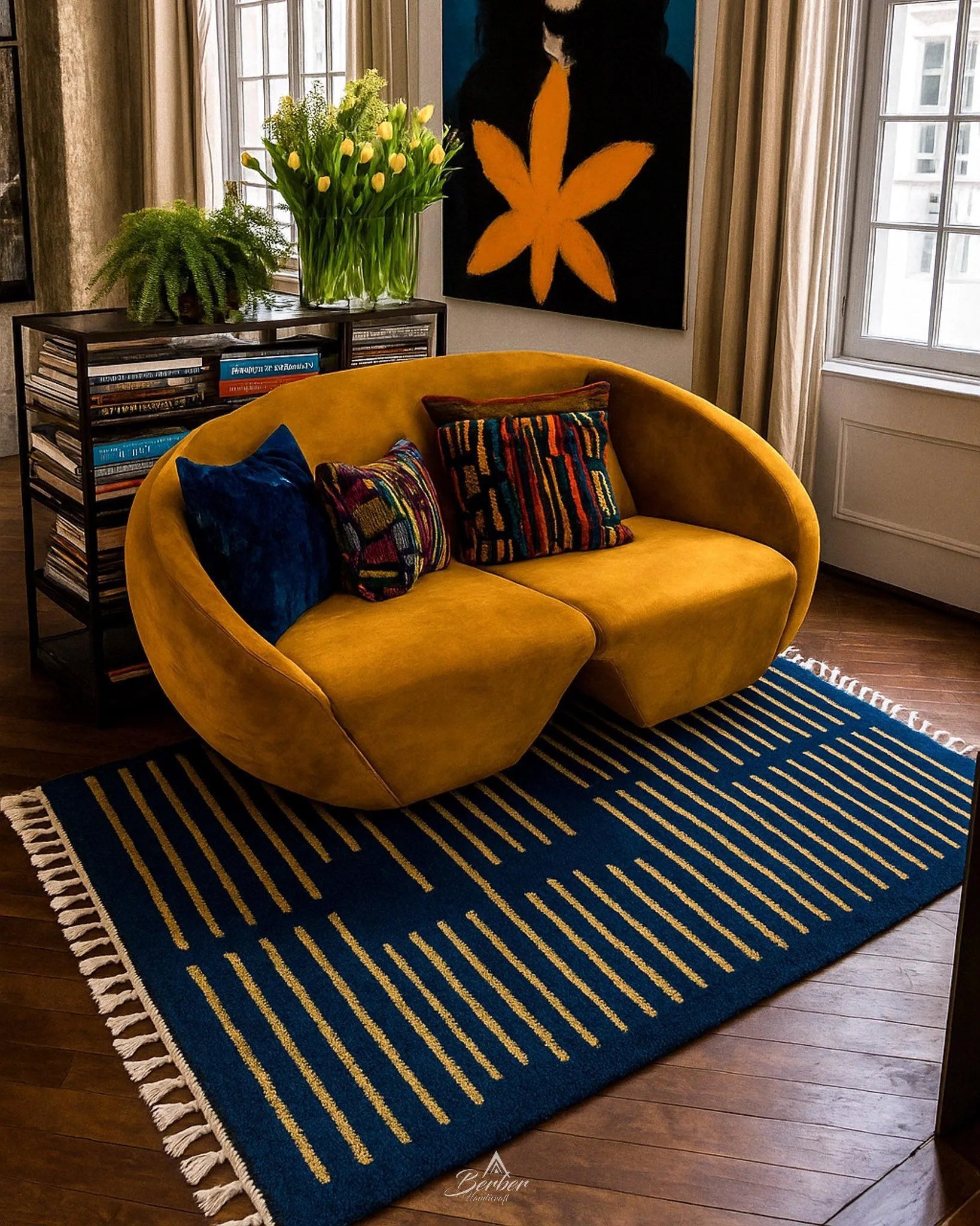 Blue Yellow Berber Rug 3 X 5 Ft | 90 X 150 Cm / With Tassels / Short (0.4” / 1 cm)