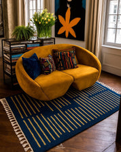 Blue Yellow Berber Rug 3 X 5 Ft | 90 X 150 Cm / With Tassels / Short (0.4” / 1 cm)