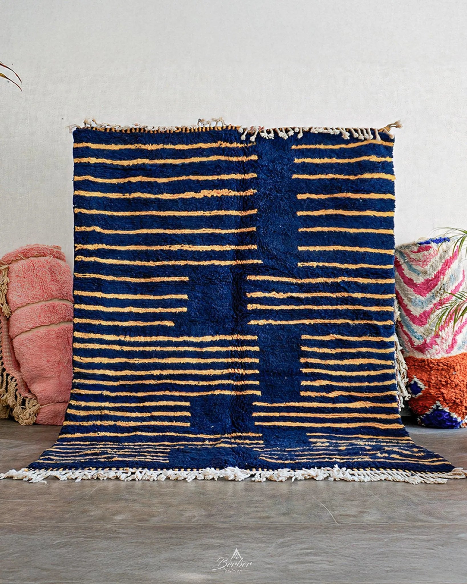 Blue Yellow Berber Rug 3 X 5 Ft | 90 X 150 Cm / With Tassels / Short (0.4” / 1 cm)