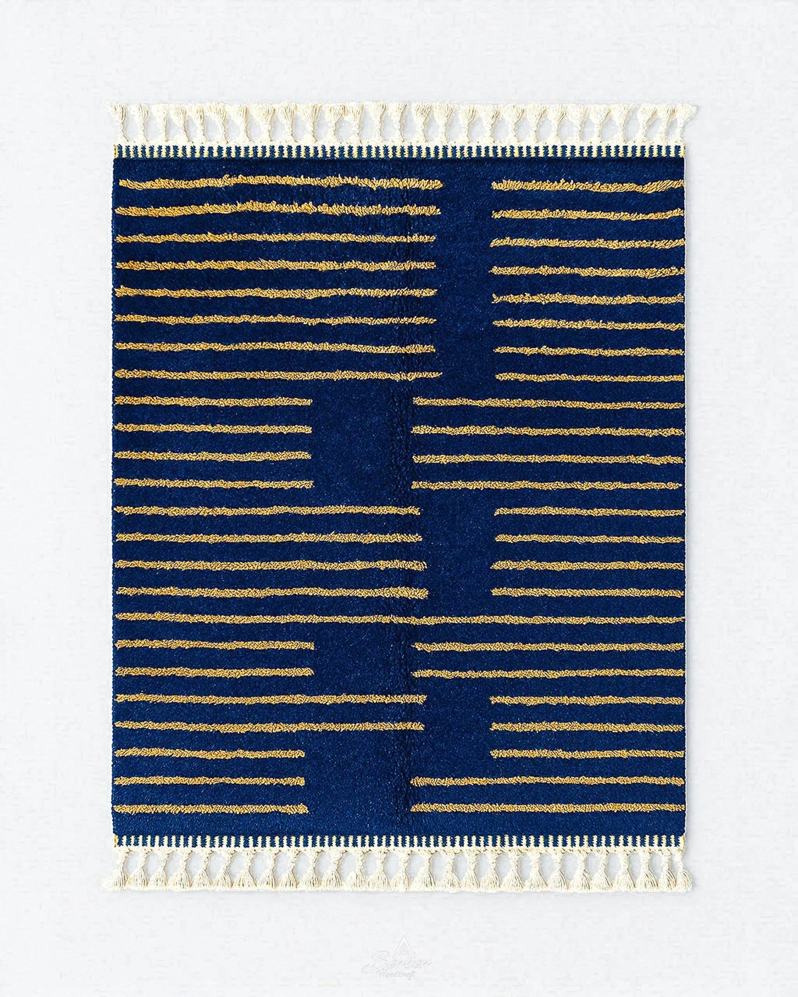 Blue Yellow Berber Rug 3 X 5 Ft | 90 X 150 Cm / With Tassels / Short (0.4” / 1 cm)