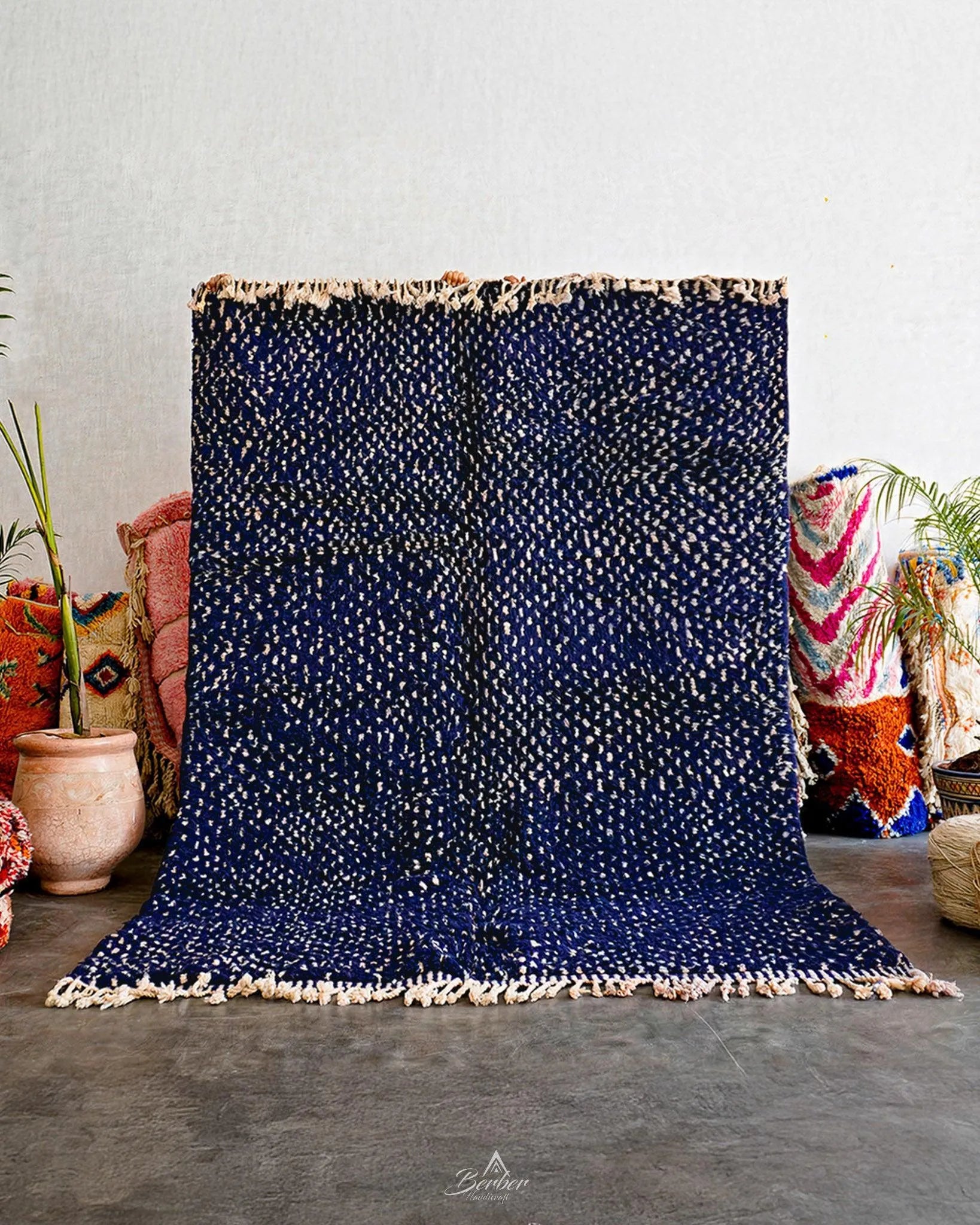 Blue Dotted Berber Rug 3 X 5 Ft | 90 X 150 Cm / With Tassels / Short (0.4” / 1 cm)