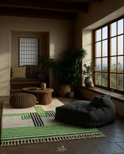 Bohemian Green Rug 3 X 5 Ft | 90 X 150 Cm / With Tassels / Short (0.4” / 1 cm)