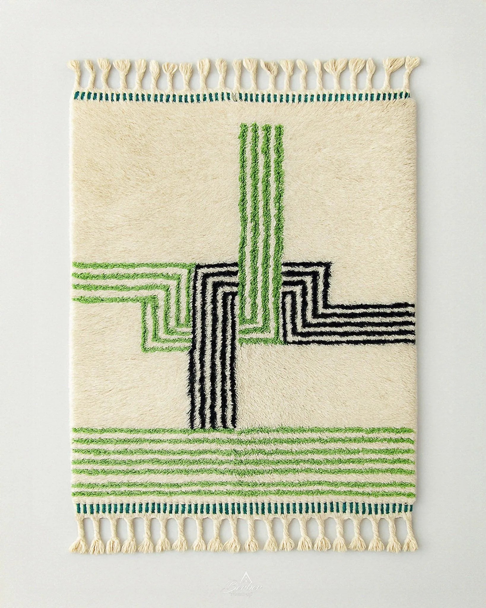 Bohemian Green Rug 3 X 5 Ft | 90 X 150 Cm / With Tassels / Short (0.4” / 1 cm)