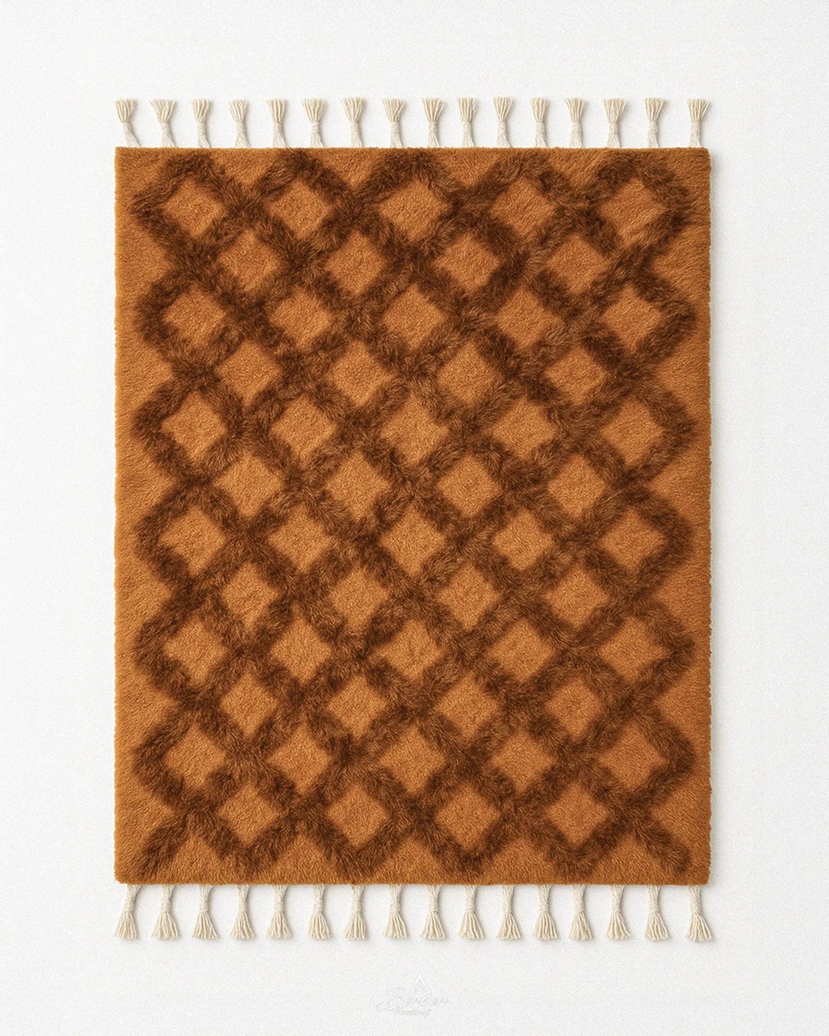 Brown Treillis Moroccan Rug 3 X 5 Ft | 90 X 150 Cm / With Tassels / Short (0.4” / 1 cm)