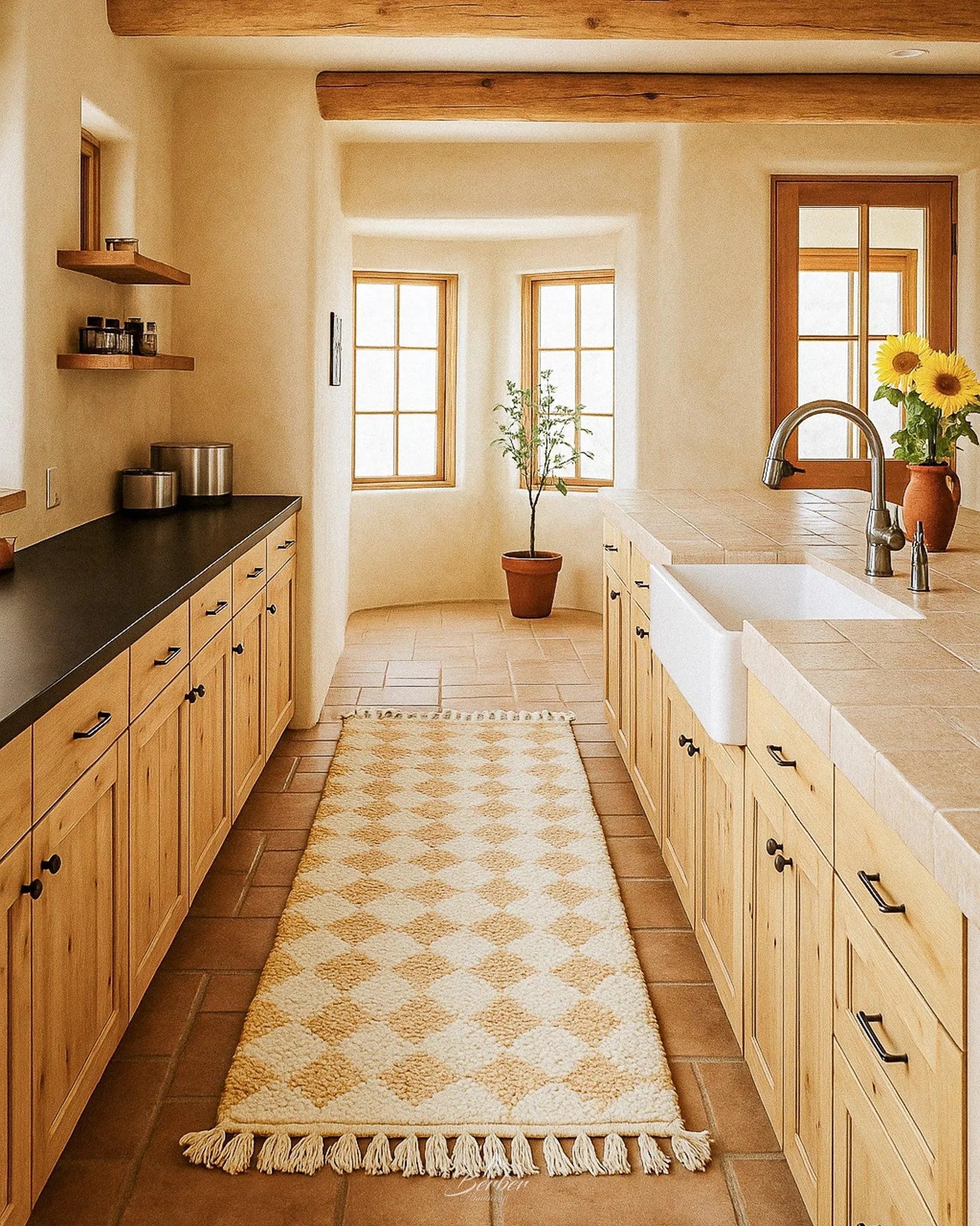 Checkered Brown Runner 2 X 6 Ft | 60 X 180 Cm / With Tassels / Short (0.4” / 1 cm)