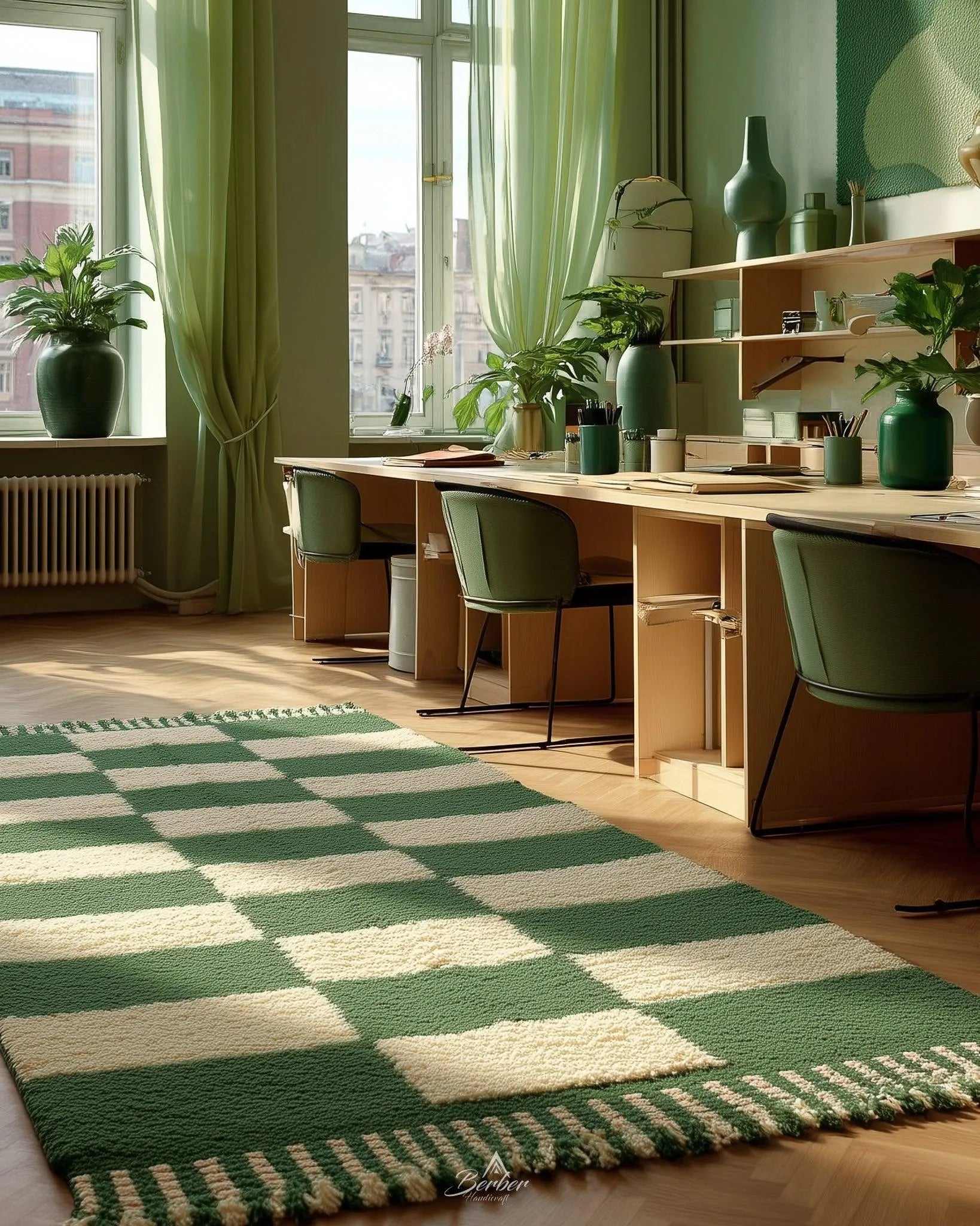 Checkered Green Rug 3 X 5 Ft | 90 X 150 Cm / With Tassels / Short (0.4” / 1 cm)
