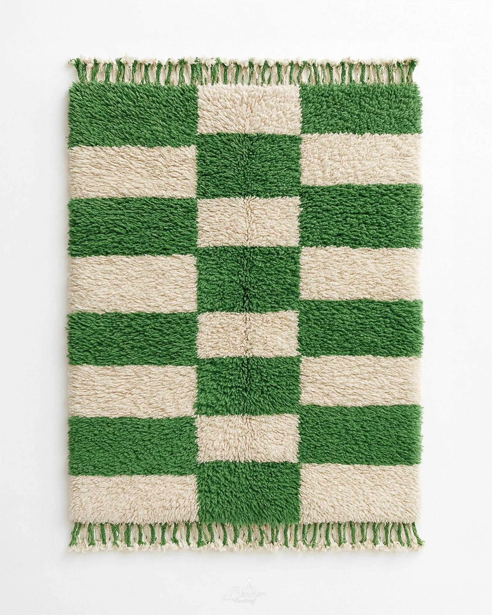 Checkered Green Rug 3 X 5 Ft | 90 X 150 Cm / With Tassels / Short (0.4” / 1 cm)