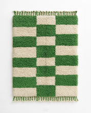 Checkered Green Rug 3 X 5 Ft | 90 X 150 Cm / With Tassels / Short (0.4” / 1 cm)